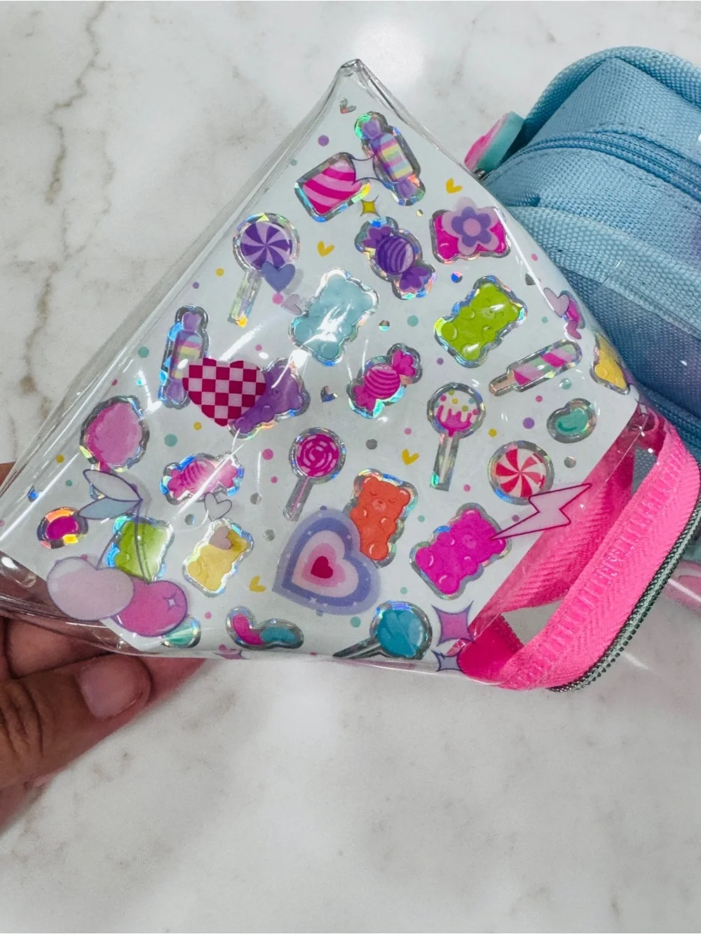 Kids Pink & Light Blue Candy Bear Pencil Case - Cute Carry Handle